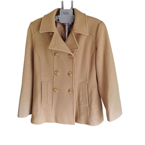 Croft & Barrow Women's Tan Pea Coat Jacket Double Breasted Classic wool blend - Picture 1 of 7